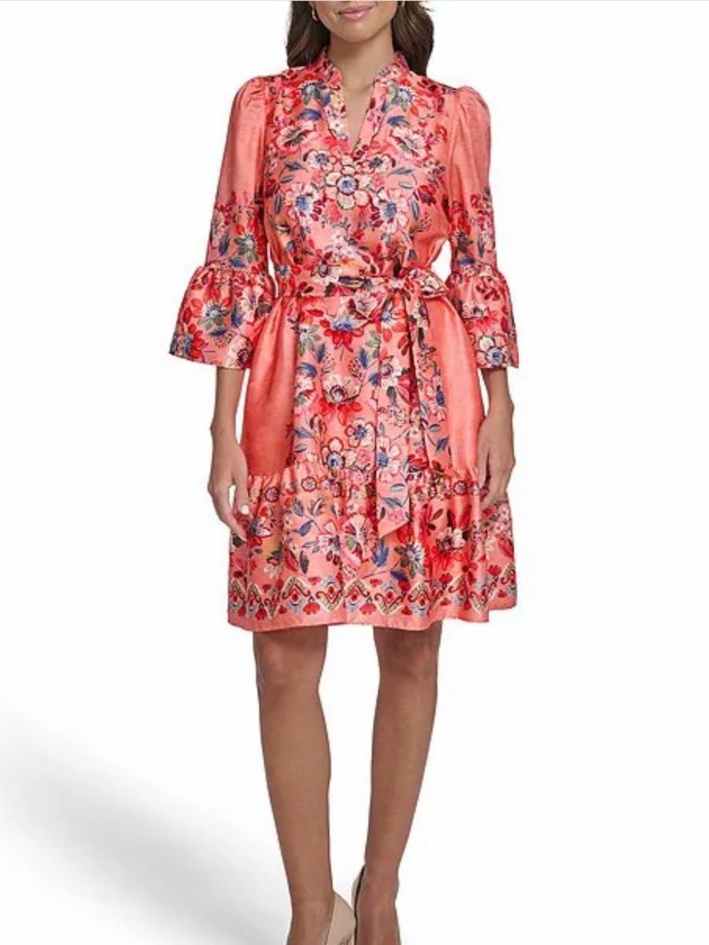 Vince Camuto Coral Floral Tie-Waist Midi Dress